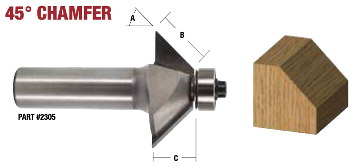 A chamfer bit, and a block with chamfered edge. A chamfer can also be created with a hand plane.
